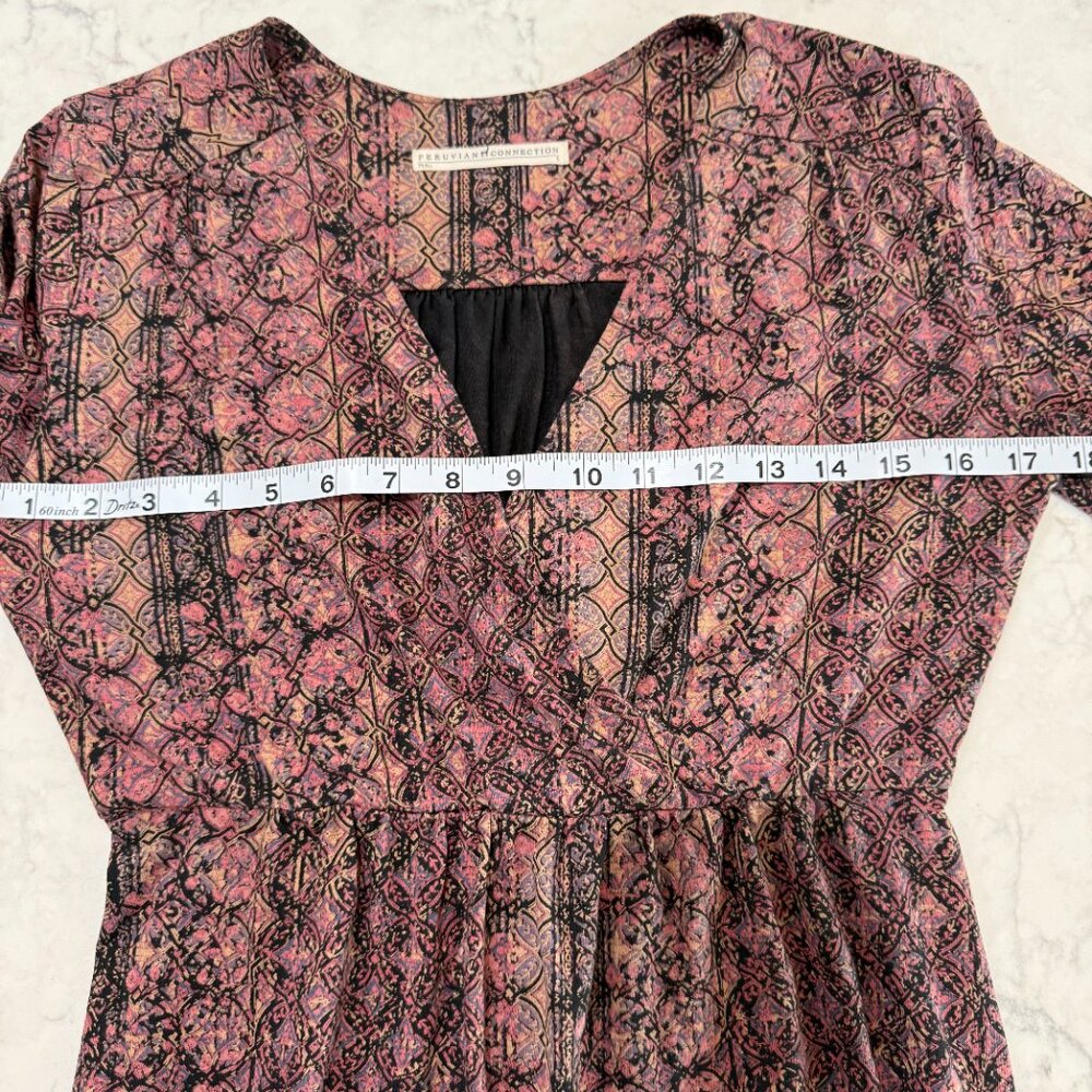 Peruvian Connection 16 Faux Wrap Knit Meraux Dress BoHo Print V-Neck 3/4 Sleeve - Picture 10 of 15